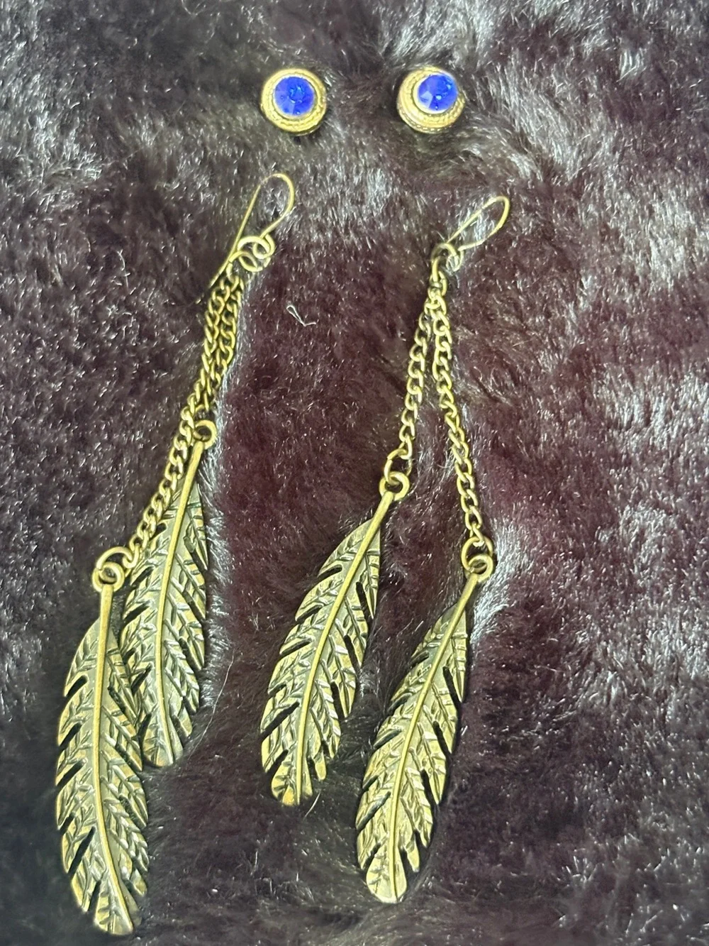 Boho Bundle: Bronze Feather Dangle Chain Earrings and Blue Rhinestone Studs Set